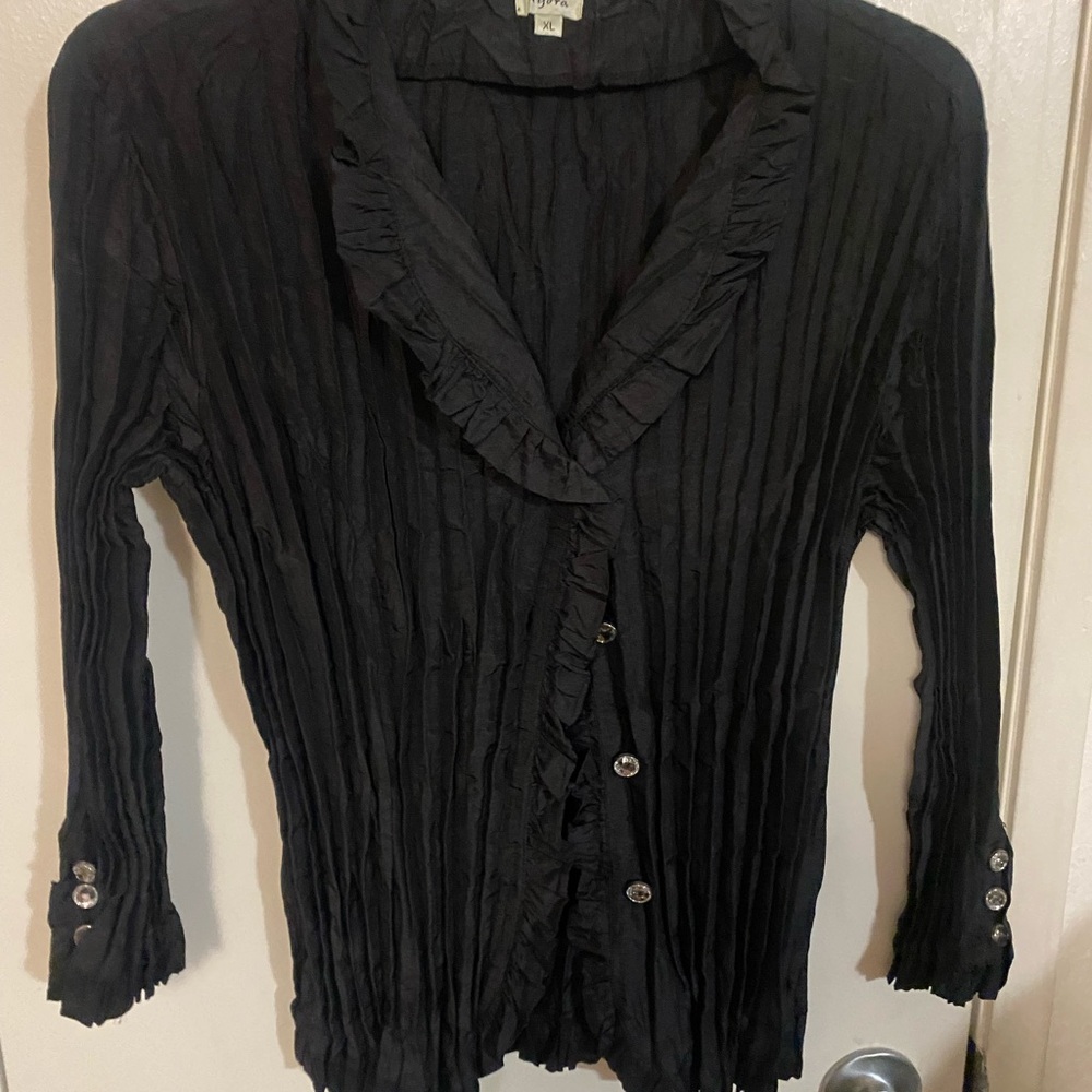 Trendy Black Ruffled Women's Top with beautiful buttons